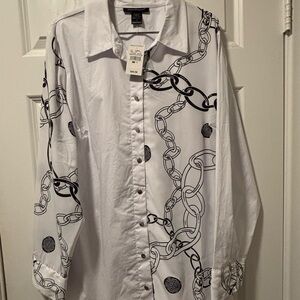 Ashley Stewart White Shirt with Black Chain Pattern